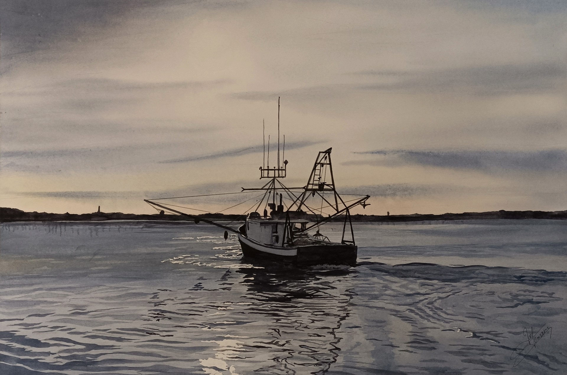 Emeline  retour de pêche , aquarelle 60 cm x 40 cm